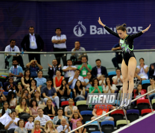 Bakı-2015 Avropa Oyunları çərçivəsində batut gimnastikası üzrə kişilər və qadınlar arasında təsnifat yarışları. Azərbaycan, 17 iyun 2015 